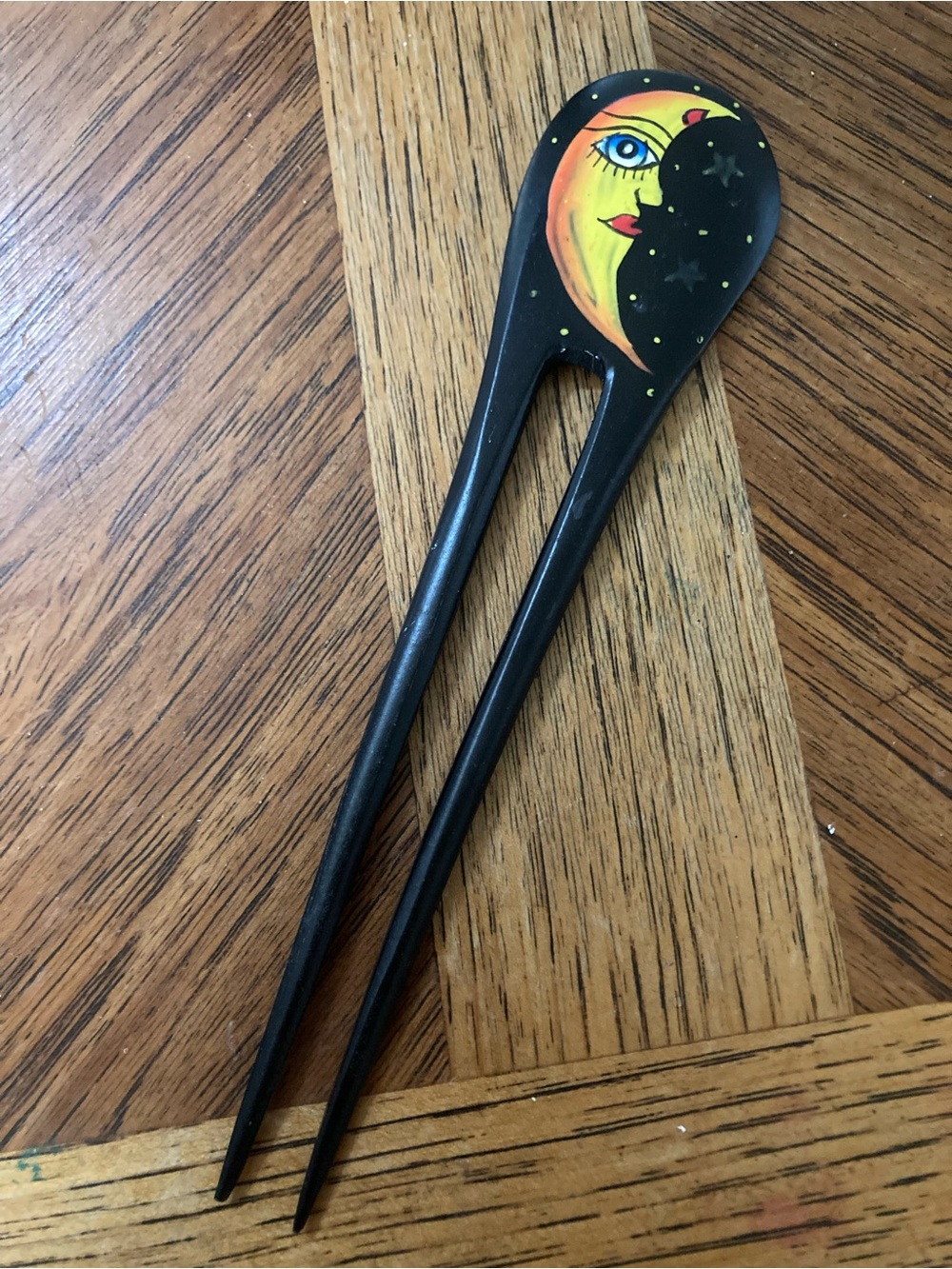 Decorative Black Moon Hair Fork - Hand-Painted Celestial Design